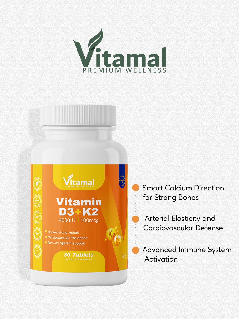 Vitamin D3 4000IU + K2 100mcg - 30 Tablets