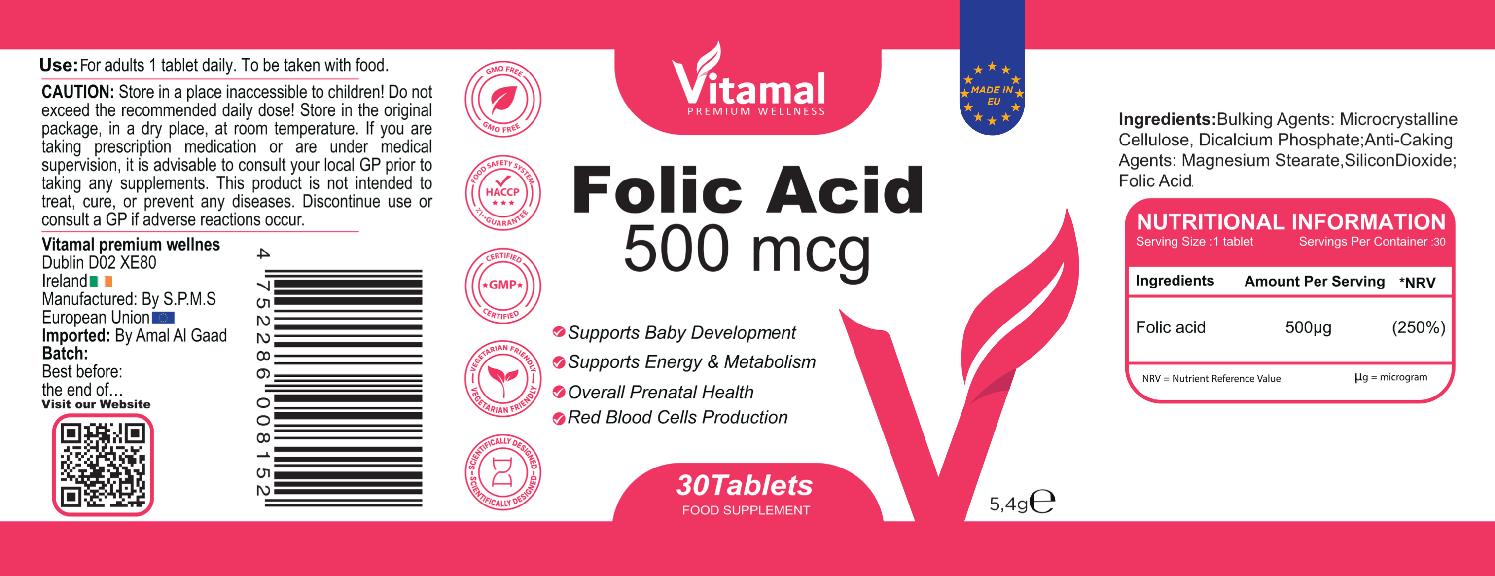 Folic Acid 500mcg - 30 Tablets